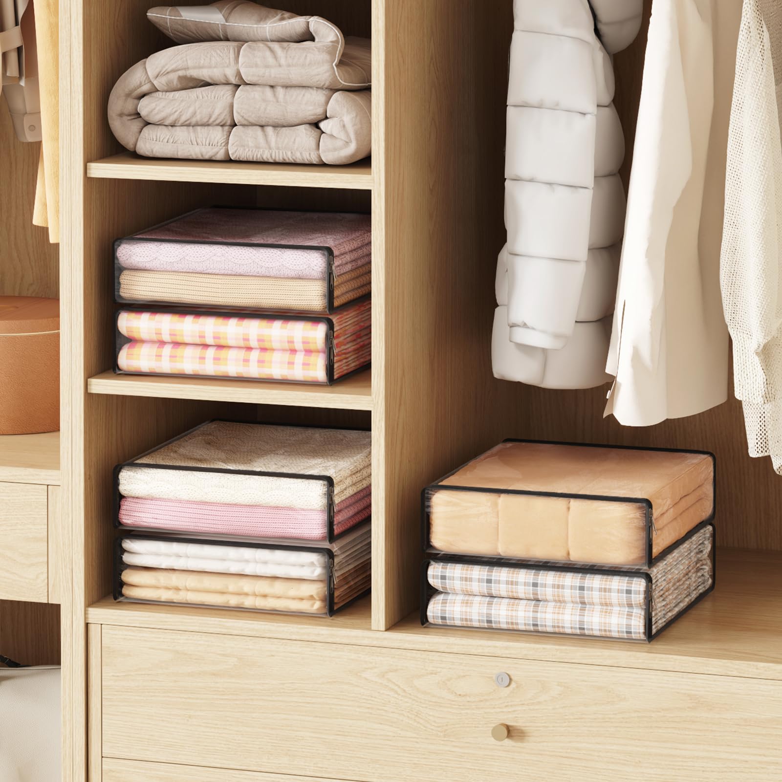 Lifewit 14L Clear Sheet Storage Bags with Zipper 4 Pack, Plastic Sweater Storage Bins for Clothing, Vinyl Foldable Clothes Conta